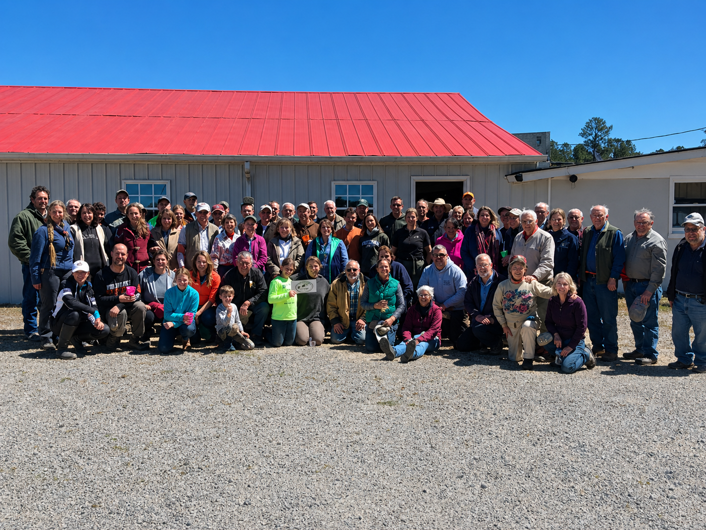 Large group of people gathered outdoors in front of a building with a red roof.