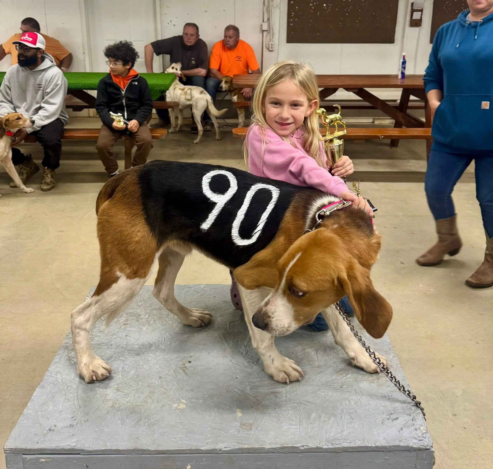 Girl holding trophy beside numbered dog.