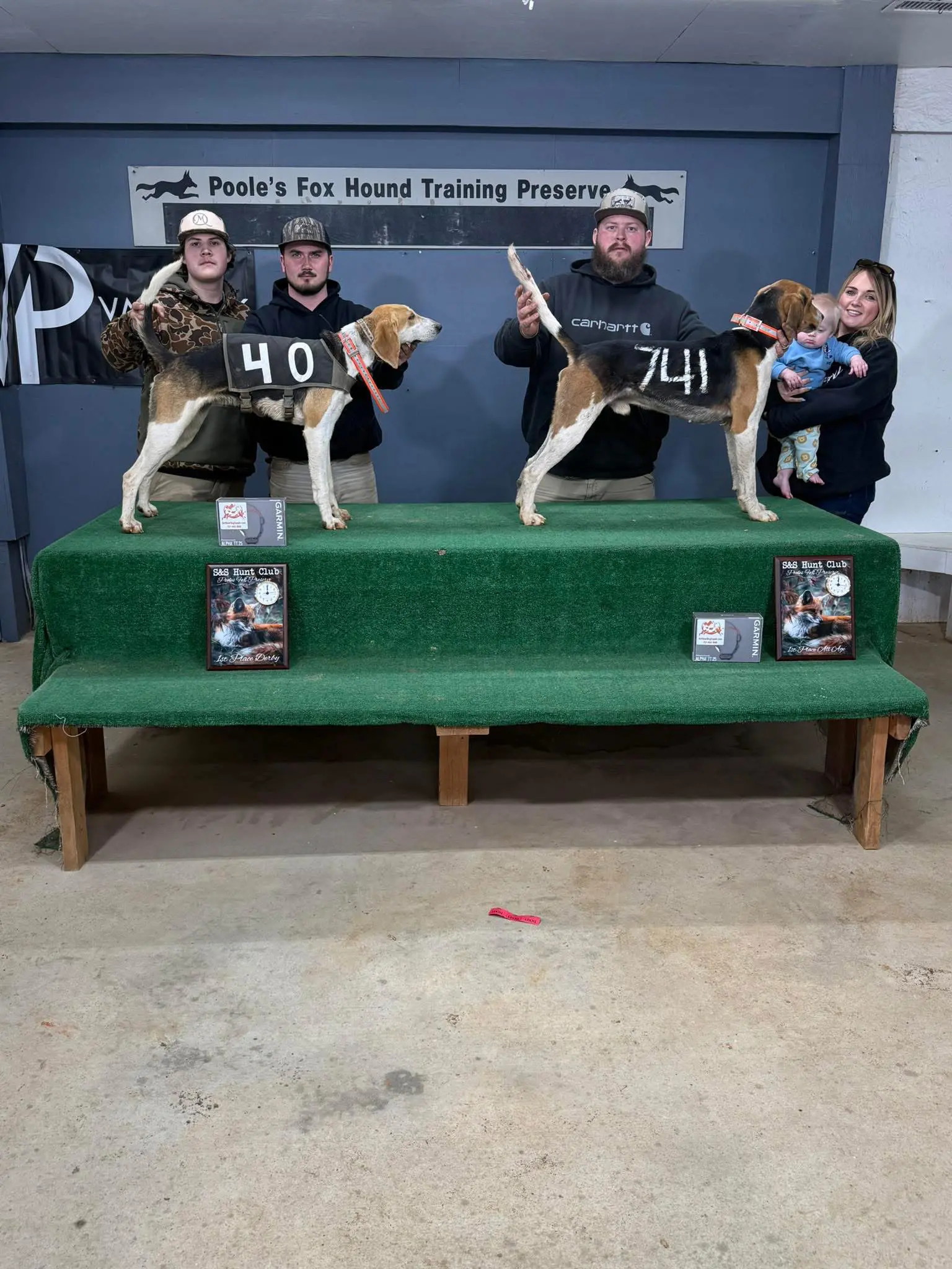 Two dogs with handlers on a platform.