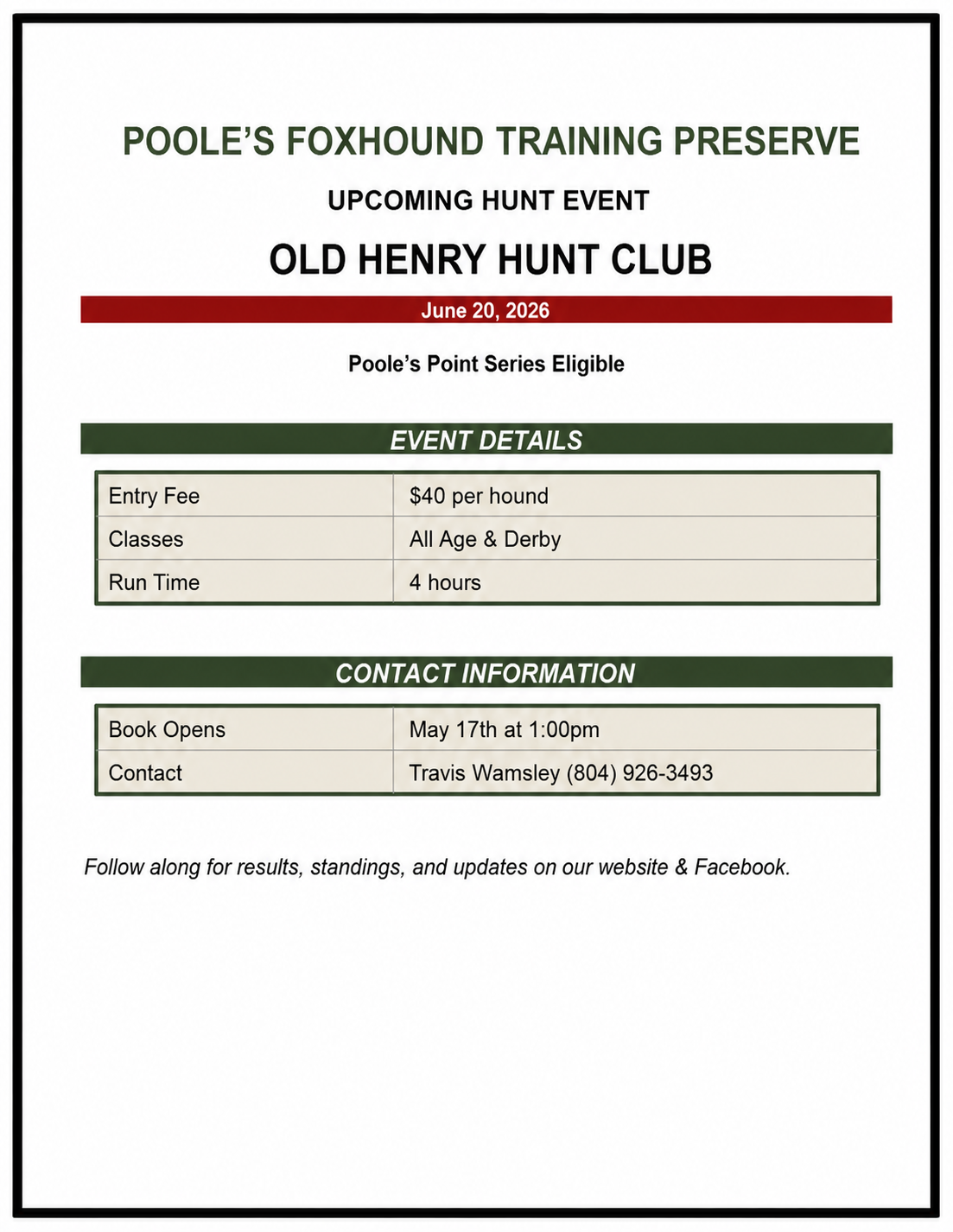 Flyer for Old Henry Hunt Club at Poole's Foxhound Training Preserve.