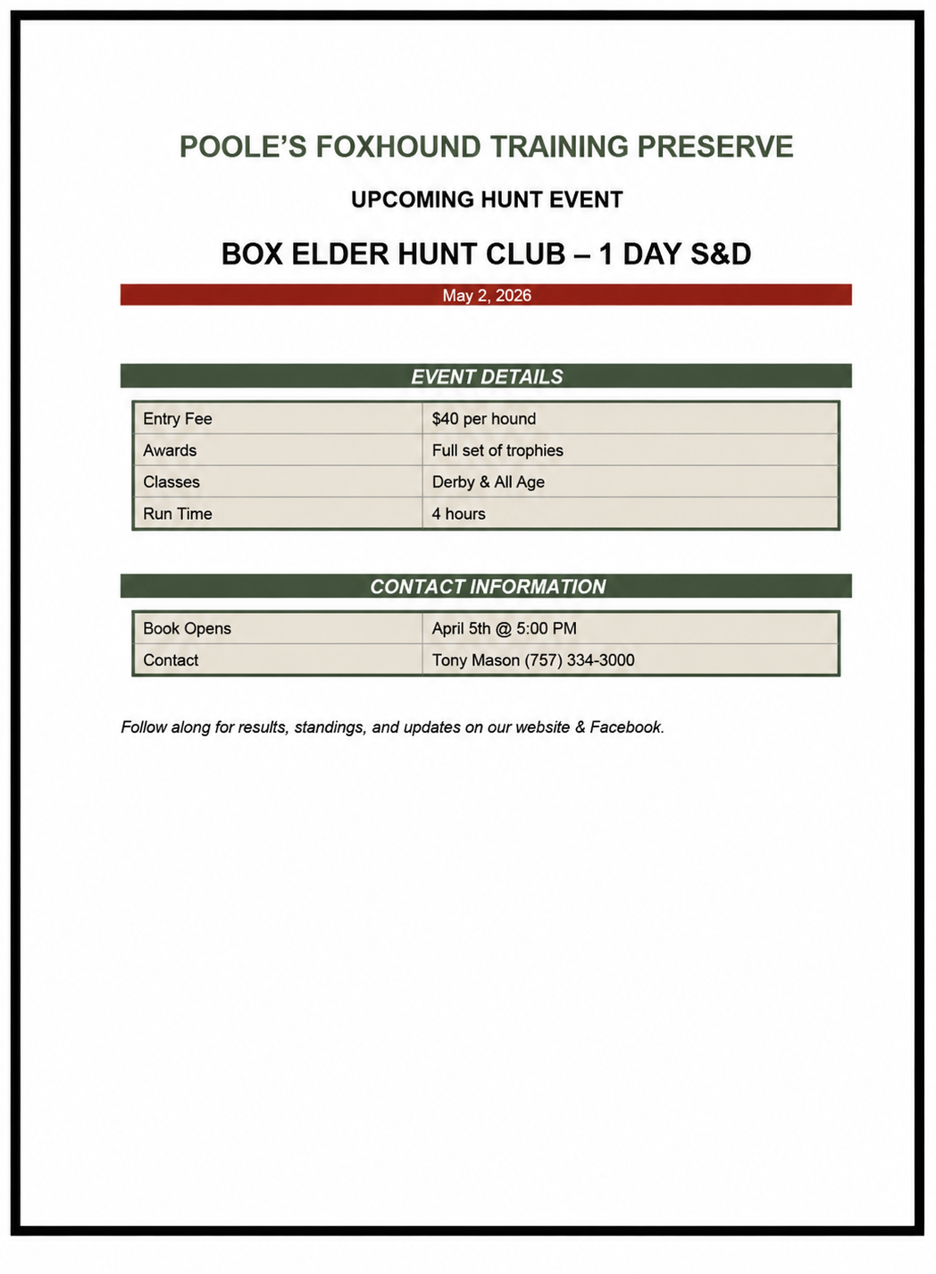 Registration form for Box Elder Hunt Club 1-day event with fields for name, email, and contact.
