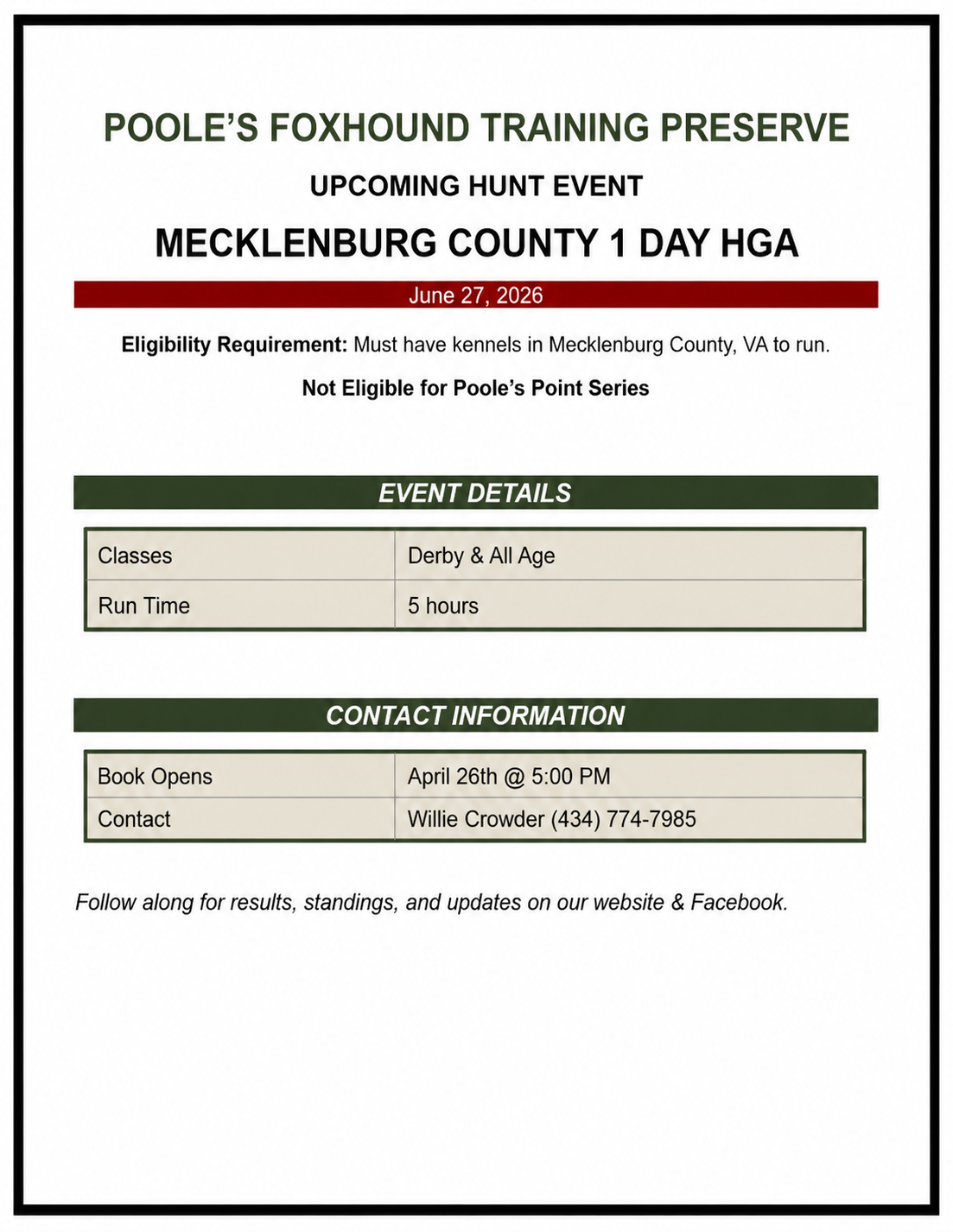 Flyer for Mecklenburg County 1 Day HGA hunting event on April 29.