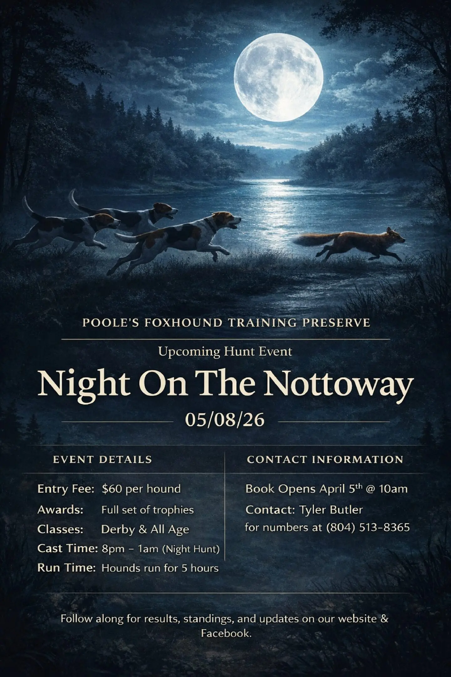 A mystical night scene with animals running by a lake under a full moon.